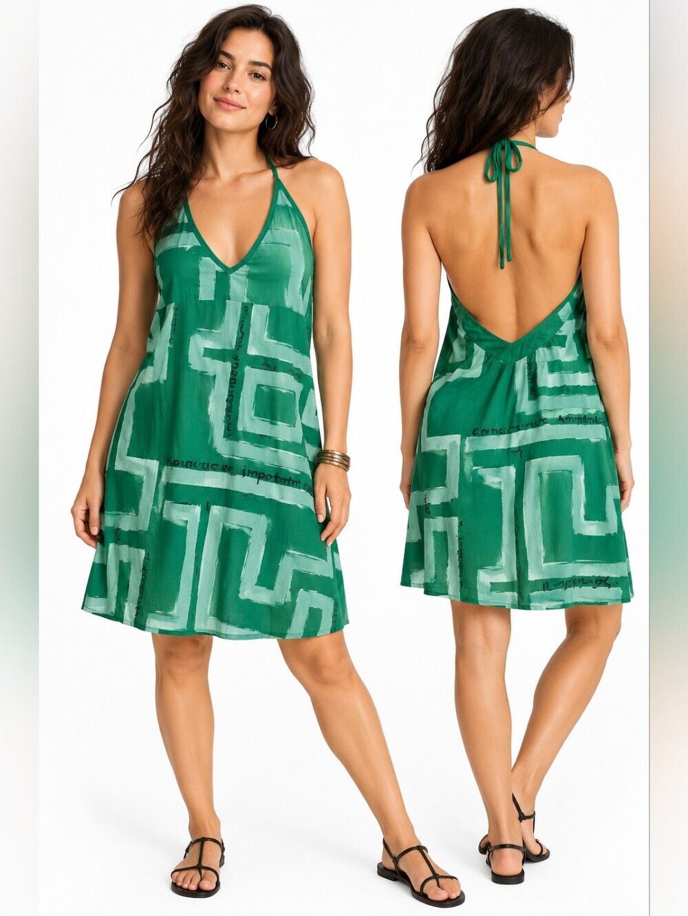 Desigual Green Abstract Graphic Halter Dress Open Back Cotton Small